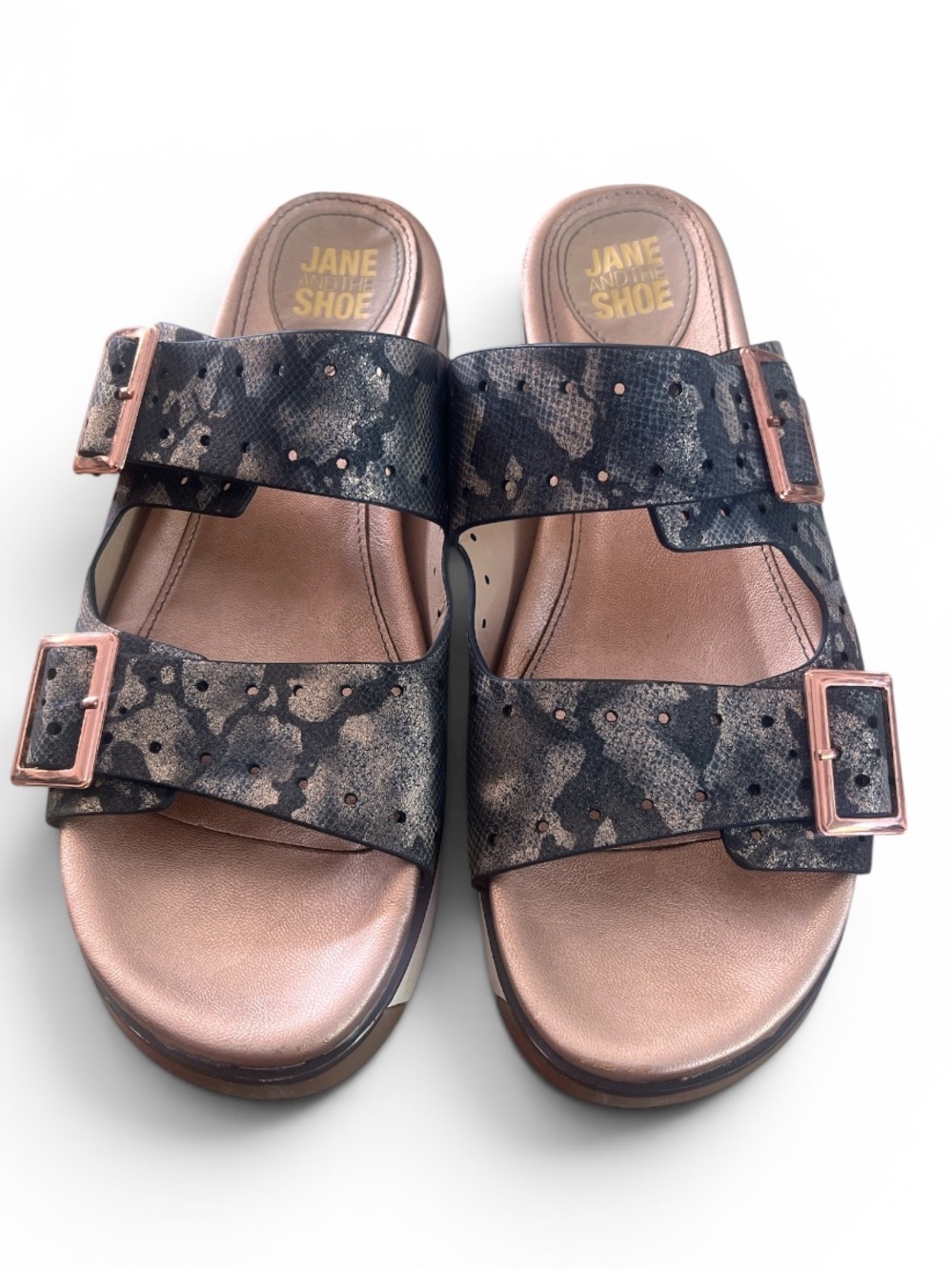 Jane and the Shoe Rose Gold and Black Double-Buckle Slide Sandals
